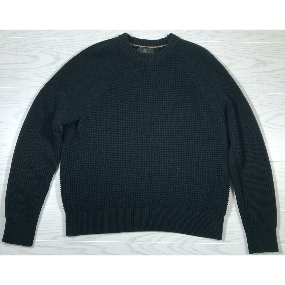 Banana Republic Chunky Knit Sweater Women L Black Waffle Cotton Crewneck Preppy